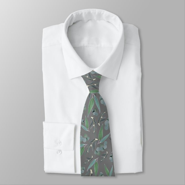 Teal Grey Eucalyptus Greenery Pattern Neck Tie (Tied)