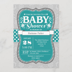 Teal Grey Flower Floral Baby Shower Invitation