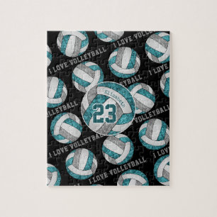 Teal grey girls I love volleyball personalized Jigsaw Puzzle