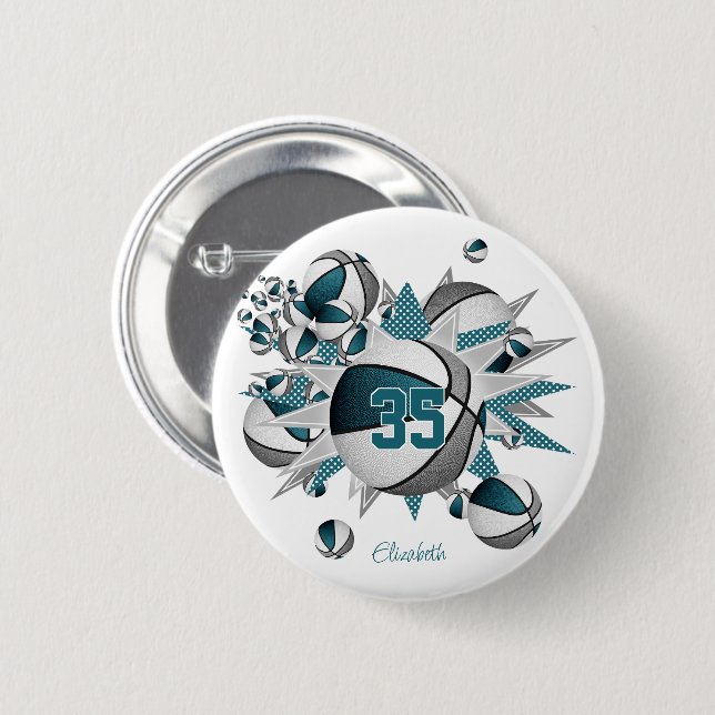 teal grey girls sports team basketballs stars 2 inch round button (Front & Back)