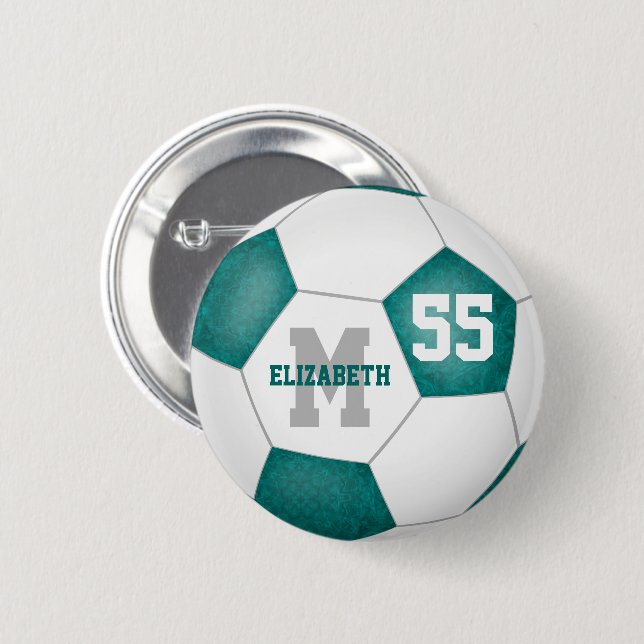 teal grey girly soccer personalized 2 inch round button (Front & Back)