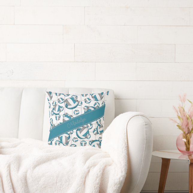 Teal grey girly volleyballs pattern net accent throw pillow (Couch)