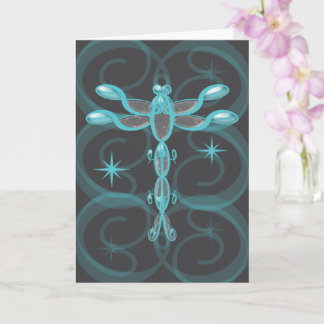Teal, Grey, Glass Dragonfly with Stars Birthday Card