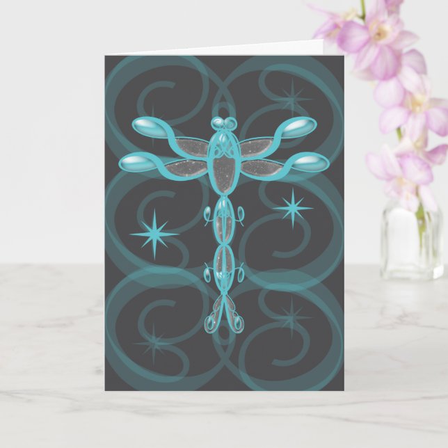 Teal, Grey, Glass Dragonfly with Stars Birthday Card (Orchid)