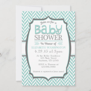 Teal Grey Herringbone Baby Shower Invitations