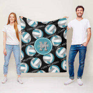teal grey I love volleyball text pattern Fleece Blanket