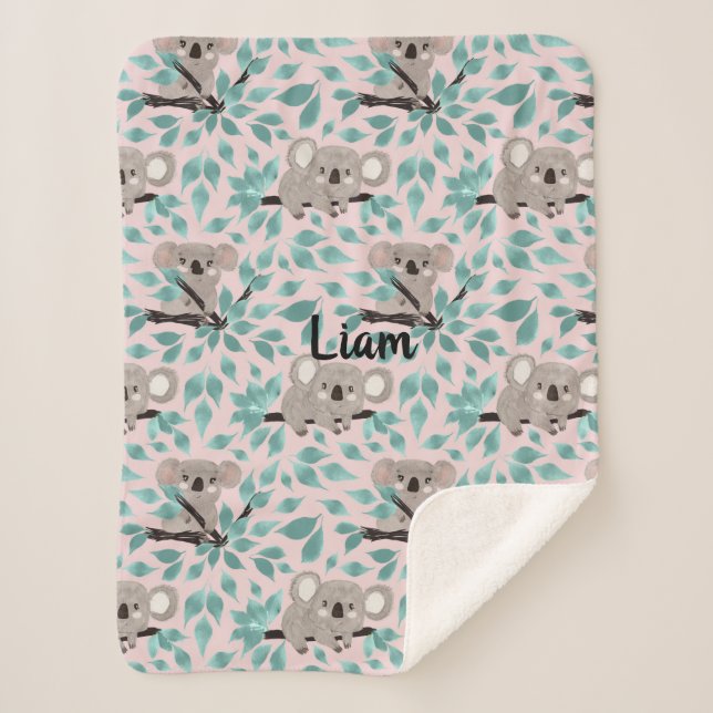 Teal Grey Koala Bear Baby Sherpa Blanket (Front)