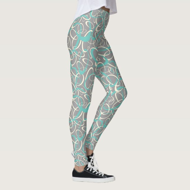 teal grey mod retro loops geometric pattern leggings (Right)