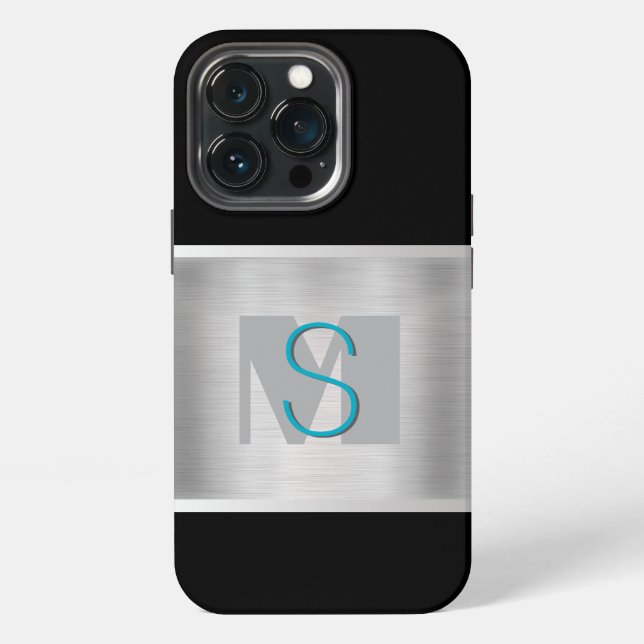 Teal & Grey Monogram, Brushed Silver, Black iPhone Case (Back)