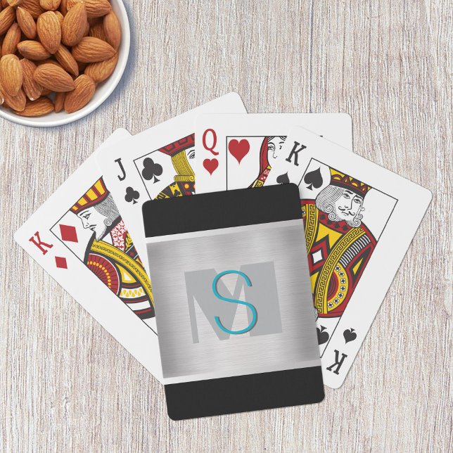 Teal & Grey Monogram, Brushed Silver, Black Playing Cards (Creator Uploaded)