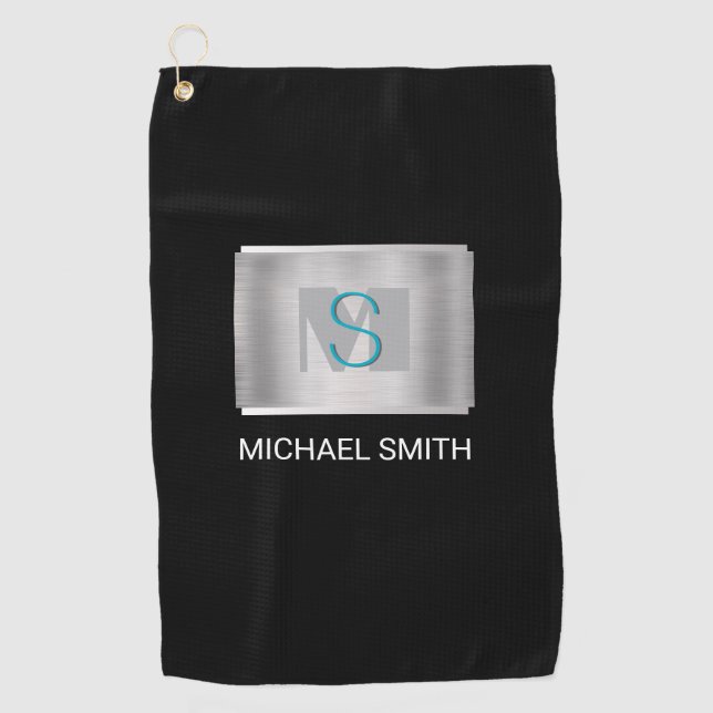 Teal & Grey Monogram, White Name Silver, Black Golf Towel (Front)