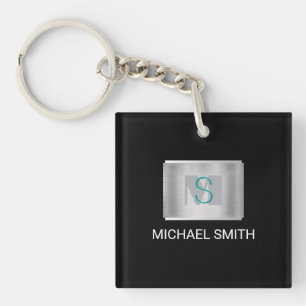 Teal & Grey Monogram, White Name Silver, Black Keychain