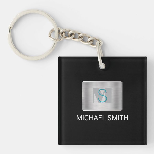 Teal & Grey Monogram, White Name Silver, Black Keychain (Front)