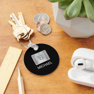 Teal & Grey Monogram, White Name Silver, Black Keychain