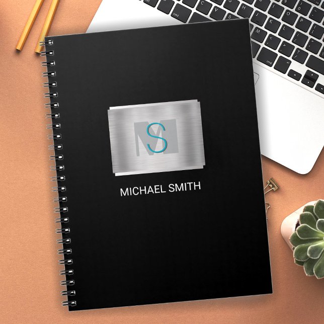 Teal & Grey Monogram, White Name, Silver, Black Notebook (Creator Uploaded)
