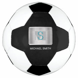 Teal & Grey Monogram, White Name Silver, Black Soccer Ball
