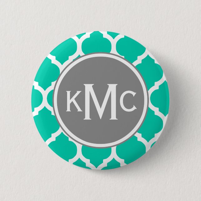 Teal Grey Moroccan Lattice 2 Inch Round Button (Front)