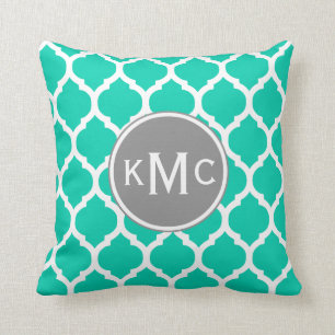 Teal Grey Moroccan Lattice Throw Pillow