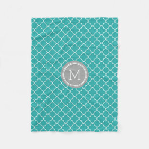 Teal Grey Quatrefoil Pattern Monogram Blanket