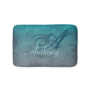 Teal Grey Rustic Abstract Name Monogram Bath Mat