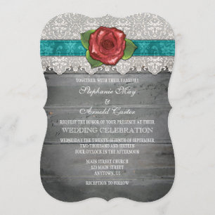 Teal Grey Rustic Wood Rose Wedding Invite
