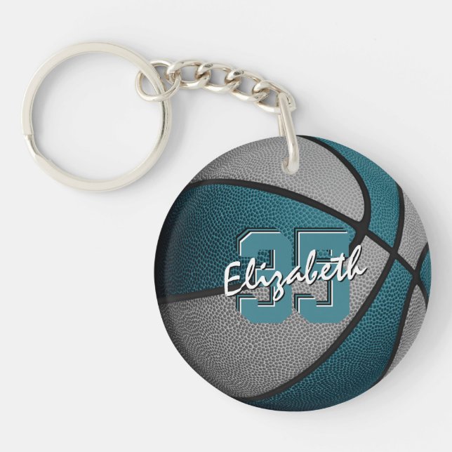 teal grey school team colours basketball keychain (Front)