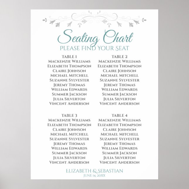 Teal & Grey Simple 4 Table Wedding Seating Chart (Front)