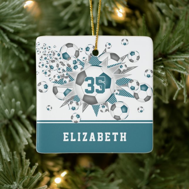 teal grey soccer balls stars personalized  ceramic ornament (Tree)