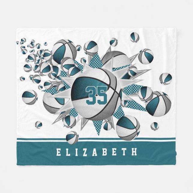 teal grey sports decor girls basketballs stars fleece blanket (Front (Horizontal))