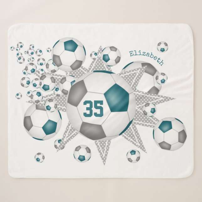teal grey sports decor soccer ball blowout sherpa blanket (Front (Horizontal))