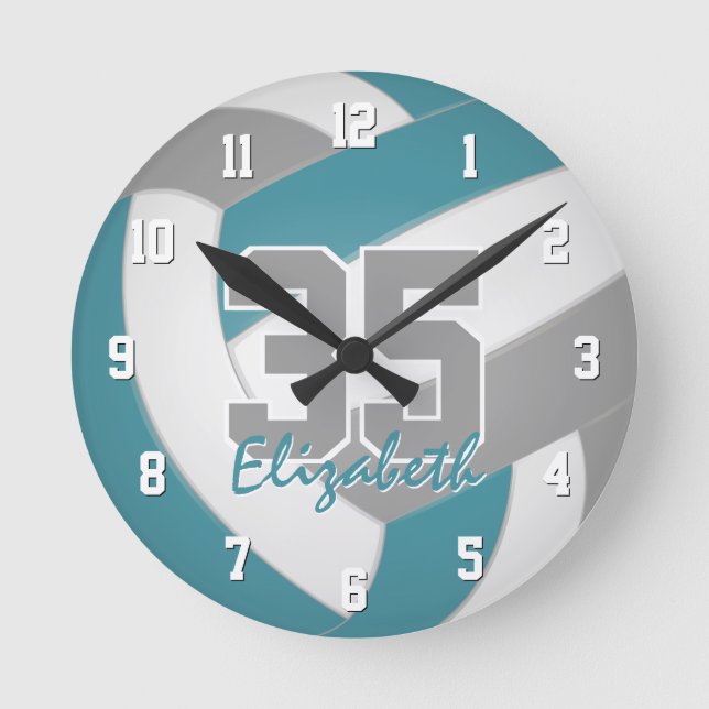 teal grey sporty personalized volleyball round clock (Front)