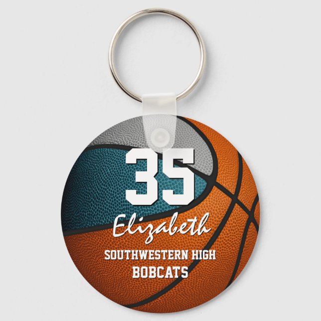 Teal grey team colours girls boys basketball keychain (Front)