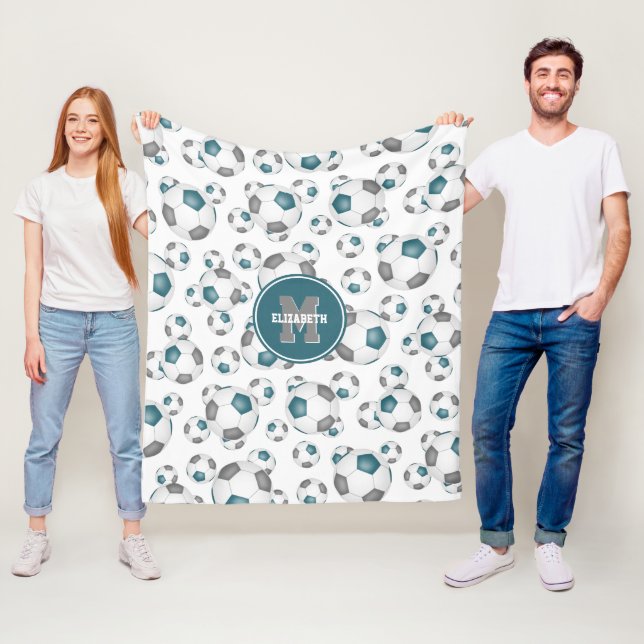 teal grey team colours girls boys soccer balls fleece blanket (In Situ)