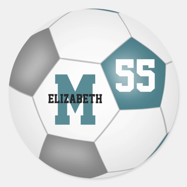 teal grey team colours soccer ball personalized classic round sticker (Front)