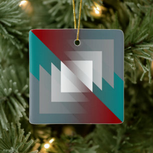 Teal grey triangles on burgundy ceramic ornament