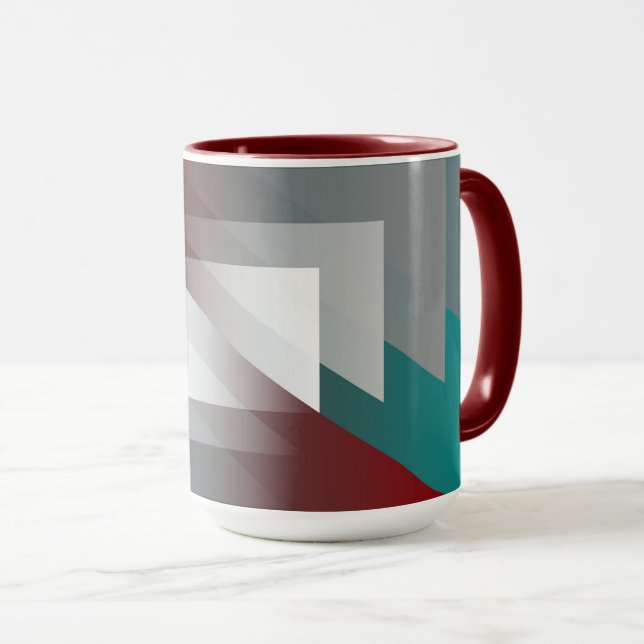 Teal grey triangles on burgundy mug (Front Right)