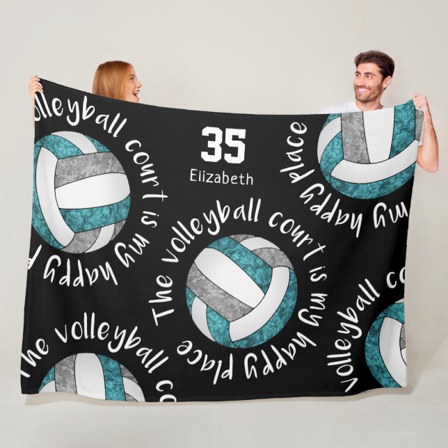 teal grey volleyball court happy place typography fleece blanket (In Situ)