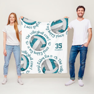 teal grey volleyball court happy place typography fleece blanket