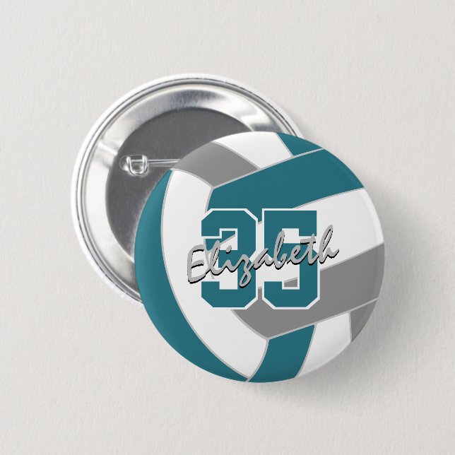 teal grey volleyball team colours 2 inch round button (Front & Back)
