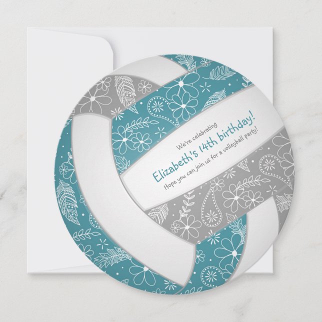 teal grey w floral doodles volley girl birthday announcement (Front)