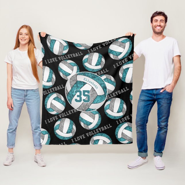 teal grey white girls love volleyball personalized fleece blanket (In Situ)