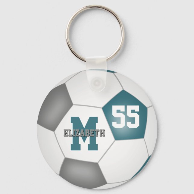 teal grey white kids soccer bag tag keychain (Front)