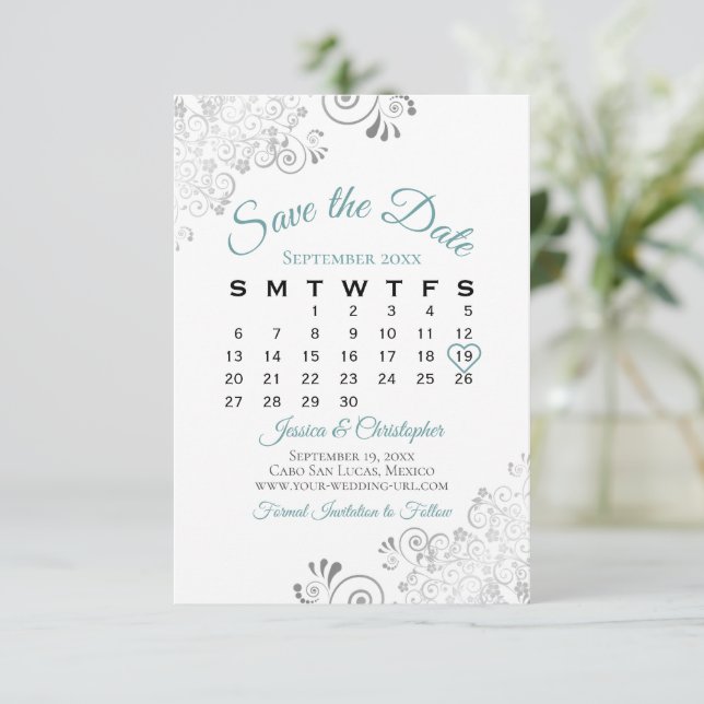 Teal Grey & White Simple Elegant Wedding Calendar Save The Date (Standing Front)