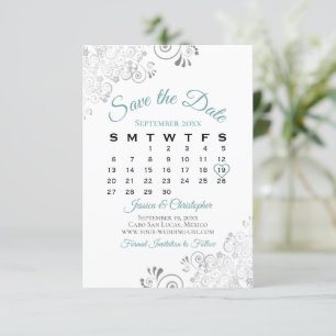 Teal Grey & White Simple Elegant Wedding Calendar Save The Date