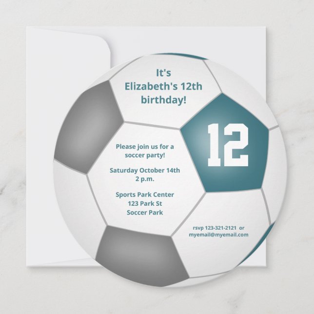 teal grey white soccer themed birthday party announcement (Front)