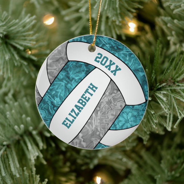 teal grey white volleyball girly sporty ceramic ornament (Tree)