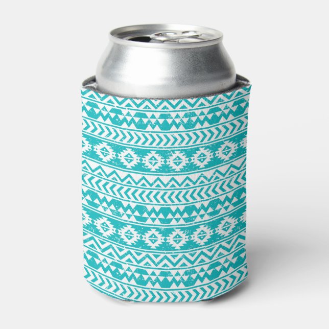 Teal Grunge Aztec Tribal Pattern Can Cooler (Can Front)