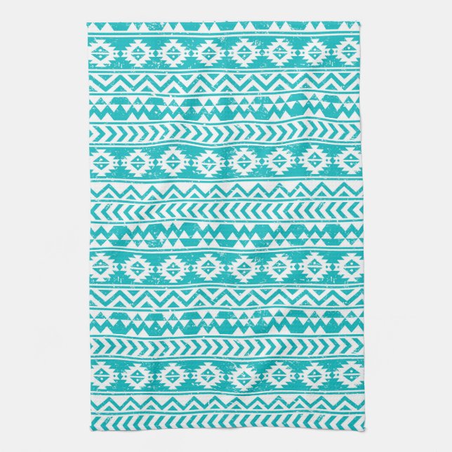 Teal Grunge Aztec Tribal Pattern Kitchen Towel (Vertical)