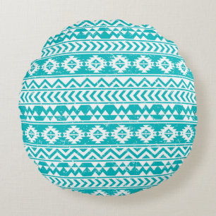 Teal Grunge Aztec Tribal Pattern Round Pillow