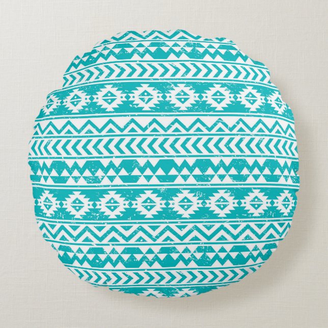 Teal Grunge Aztec Tribal Pattern Round Pillow (Front)